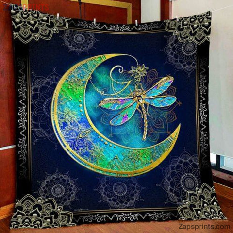 Blue Dragonfly With The Moon Fleece Blanket- And Blanket