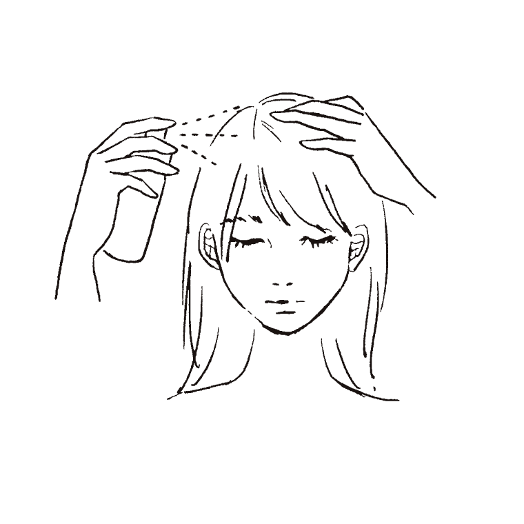 ボリュームがほしい部分の髪を分けて、地肌に直接吹きかけます。