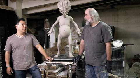 Jordu Schell and Ed Edmunds filming the TV show Making Monsters as Jordu sculpts Alien