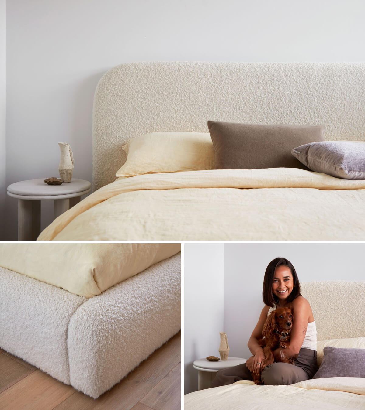 Zenn Design's Krystal Fully Upholstered Bed – pictured in Ovis Boucle Ivory