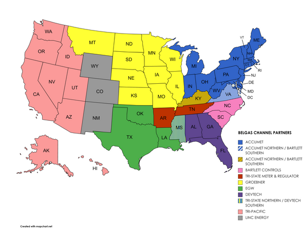 Map of the United States color-coded to show distributor/channel partner territories