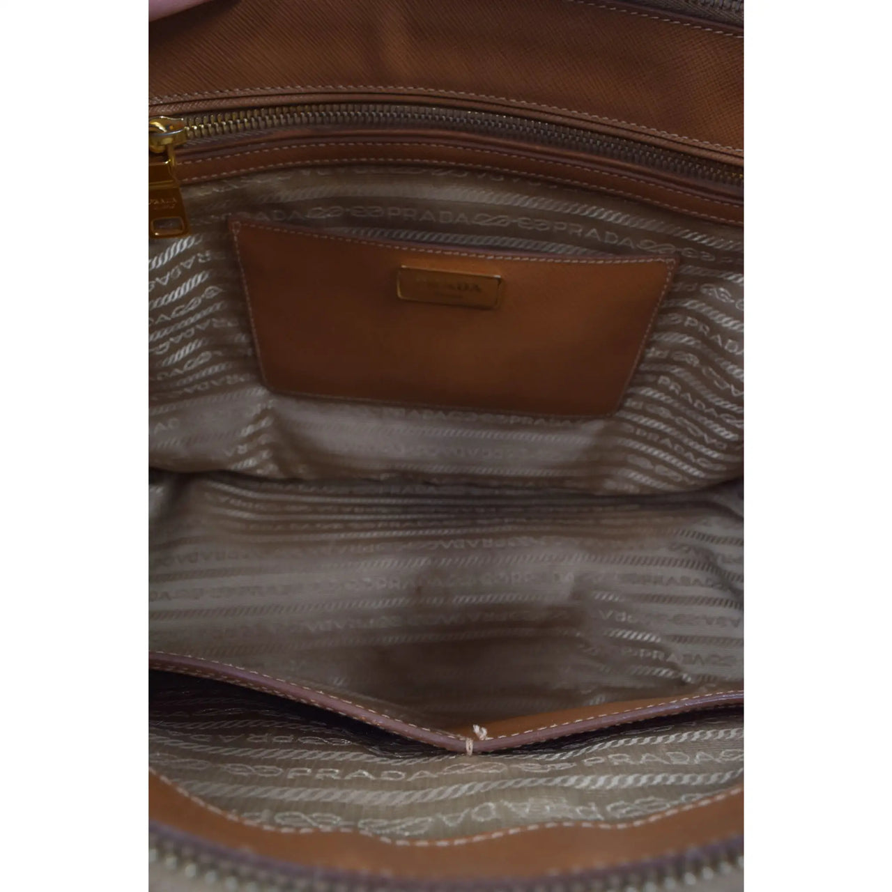 Prada Camel Saffiano Leather Front Pocket Double Zip Tote - Comptoir Vintage