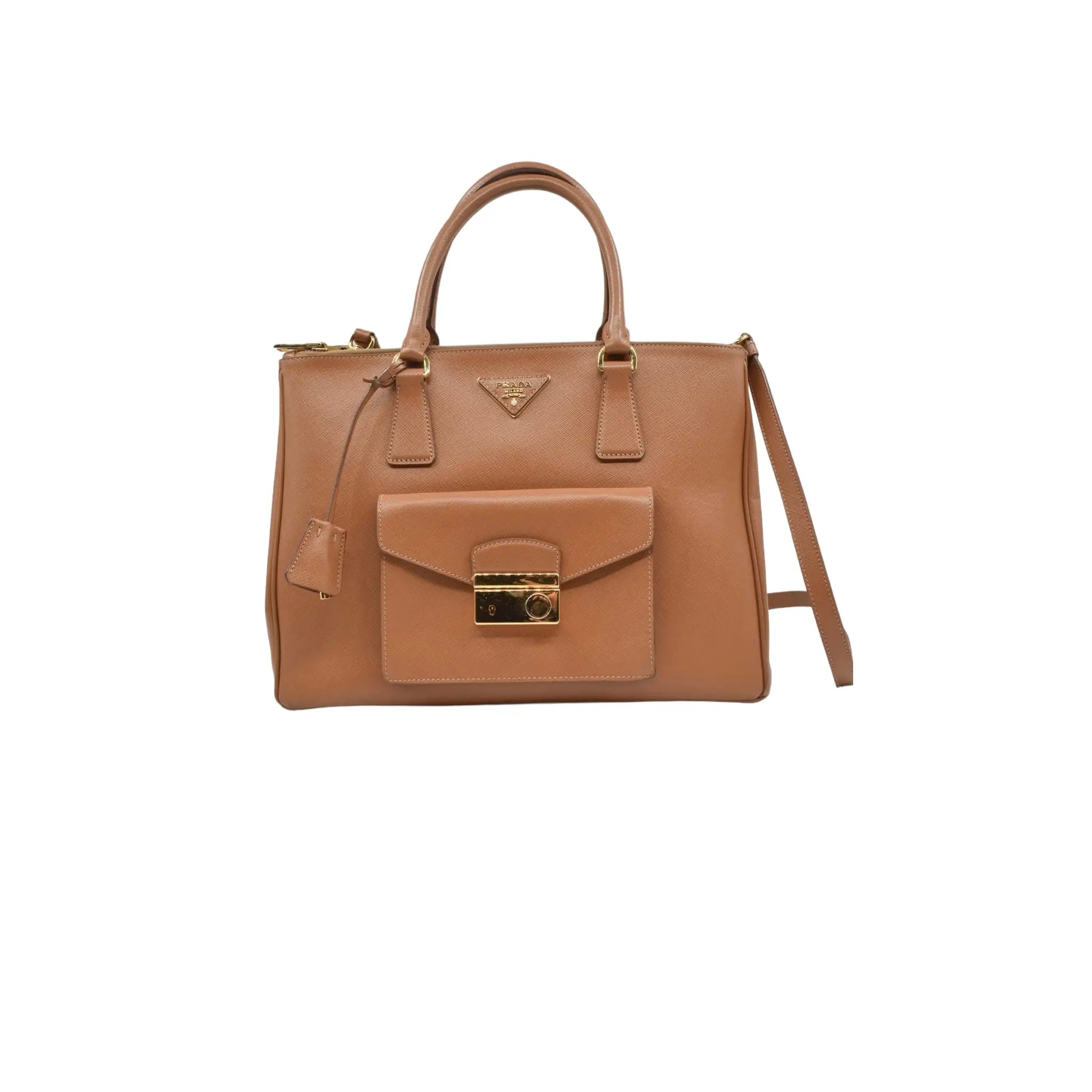 image of Prada Camel Saffiano Leather Front Pocket Double Zip Tote