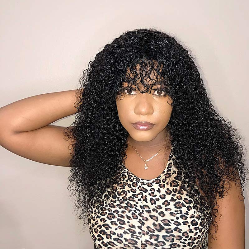 Wig With Bangs Wet And Wavy Human Hair Glueless Wigs Bouncy Curls Blac 