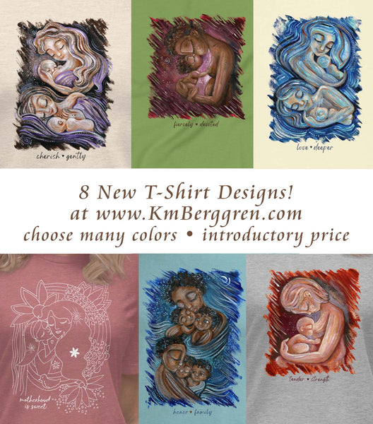 graphic tee for mom, art shirts for women, art shirt for mom, art tee, art tshirt, artsy t-shirt, original paintings on paper of family mother and child by kmberggren, original art for frames, frameable original paintings, painting on paper, original art by kmberggren, mother child paintings, warm art, baby and mom art, art decor, shirt with mom and baby paintings