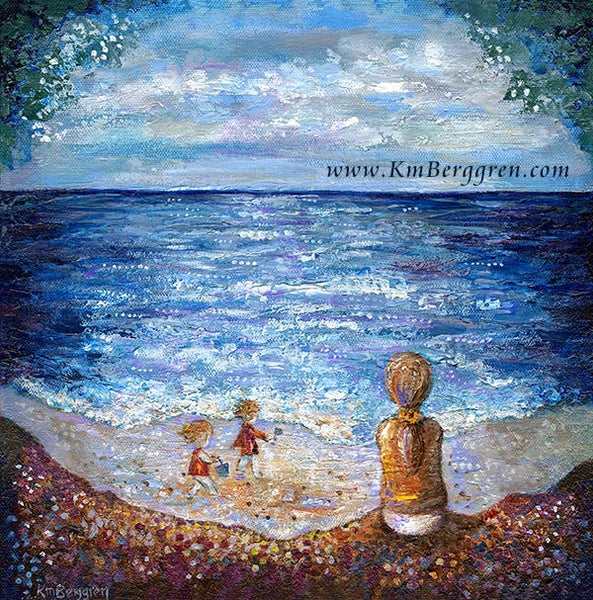 mother and children beach art, gift for beach loving woman, beach mom art, beach painting, beach family painting, mom and kids on beach art, painting of ocean and kids, kids on the sand art