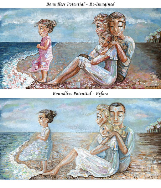 family on the beach painting, painting of family, mother father and two children, big sister little brother artwork, kmberggren