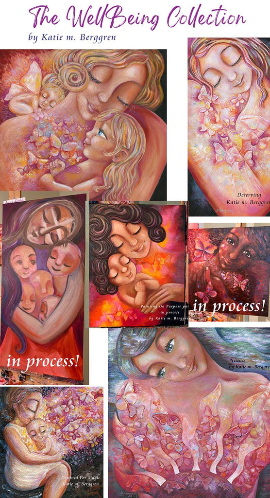 paintings of women, warm artwork of mother and child, women and butterflies art, art about presence, wellbeing paintings, self-care artwork, art for the soul, women and children bright vibrant paintings, mother daughter art print