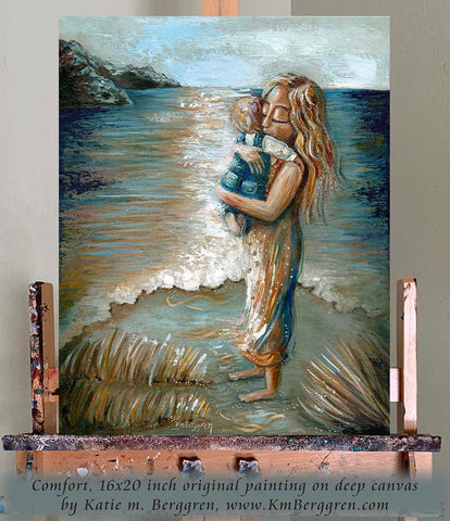 mother and child on beach, blonde mother on beach, mother child at ocean, beach house wall decor, family on the beach painting, beach painting, seaside painting, seashore art, sand and ocean waves art