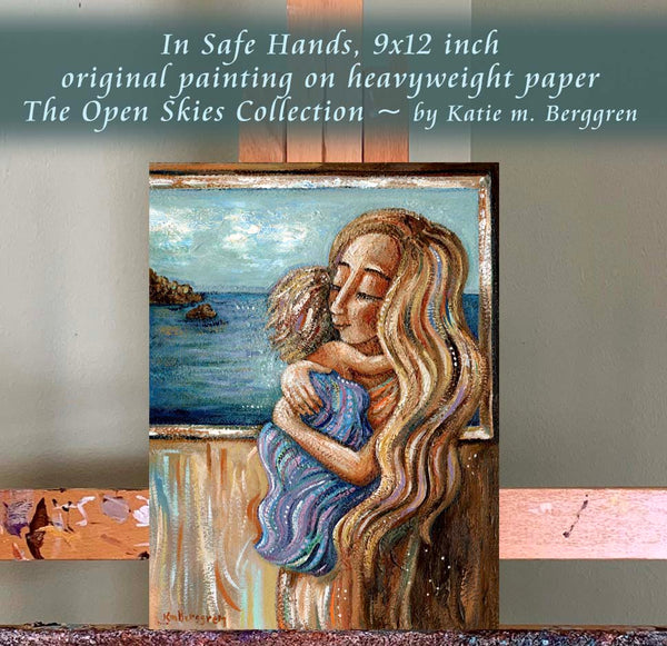 mother hugging child on the beach, painting of mom and son, mom and toddler on the coast, seashore mom, beach loving mom art, beachlover art, beach house painting, beachhouse decor, beach house decor, wall art for beach house, motherhood artwork, paintings of mother and child