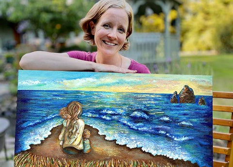 mother and child on beach, blonde mother on beach, mother child at ocean, beach house wall decor, family on the beach painting, beach painting, seaside painting, seashore art, mom and two kids watching the ocean painting, mother and child art print with ocean, sand and ocean waves art