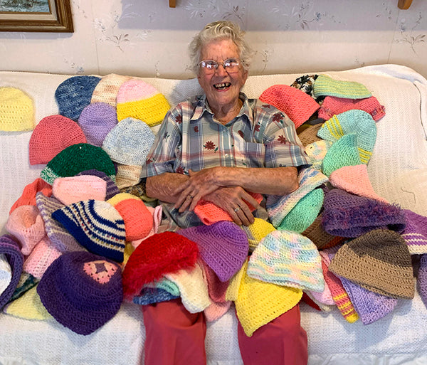 grandma makes hats for charity, neva conrad oregon