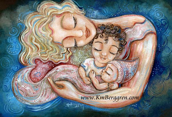 mother and big brother with new baby sister, art print by KmBerggren