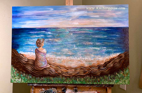 woman and sea, woman looking at ocean art, back view women and ocean, solitude art print, solitude peaceful artwork