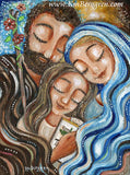 woman with mother and father, embraced by parents, mother mary, father joseph, flowering staff, a thousand pounds book, faith family, chosen family