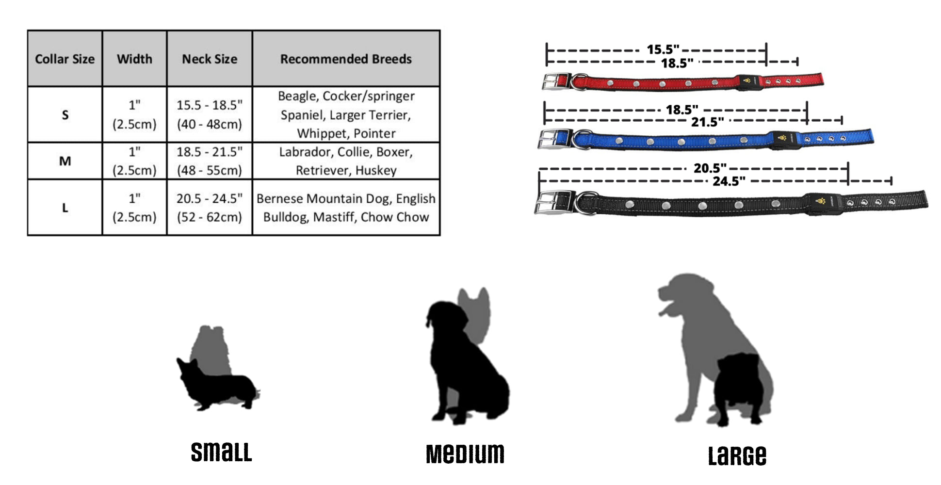Lux LED Dog Collar Size Chart image