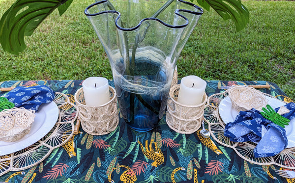 Tropical Tablescape with Woven Candle Holders