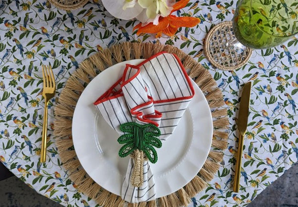 Fringe Iraca placemat and palm woven napkin ring