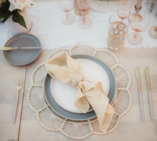 farmhouse table setting with woven placemats