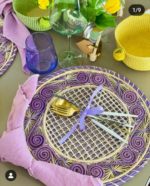 Iraca palm woven placemat in natural with purple accents