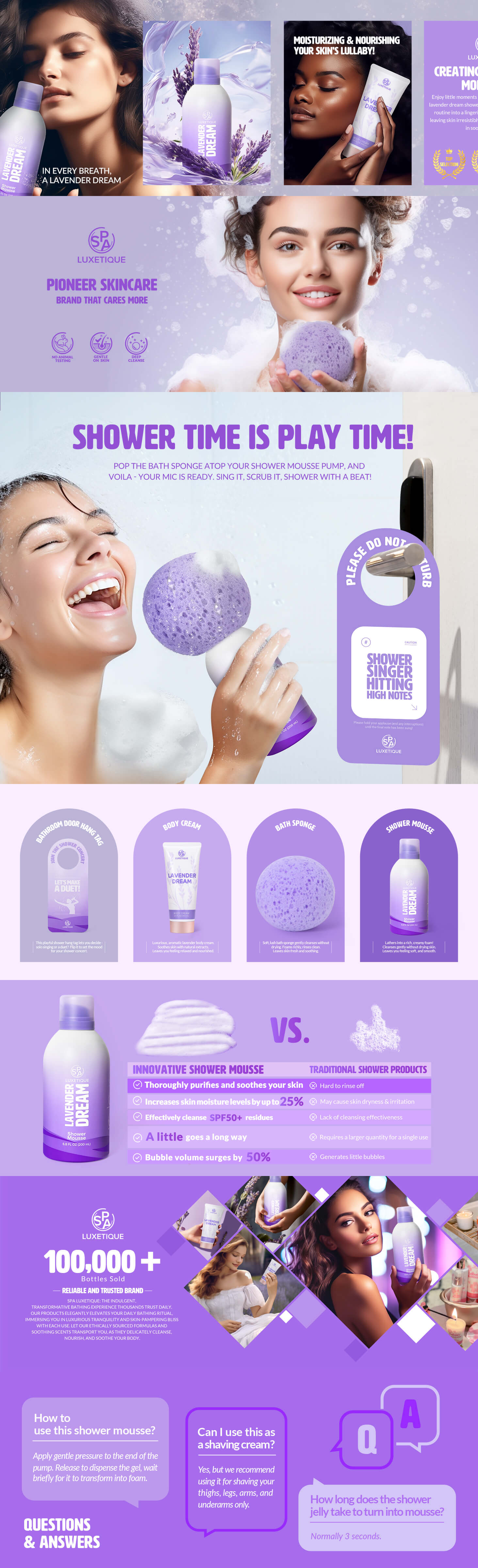 Start with a solo of our calming lavender shower mousse, followed by a smooth encore from the body lotion. The bathroom hangtag controls backstage access - 'Don't Disturb' for solo performances or 'Join the Concert' for harmonious duets. The showstopper? Our bath sponge that sits atop the mousse, mimicking a microphone.