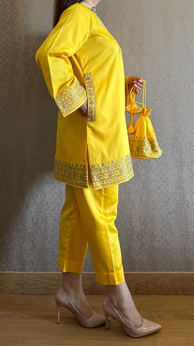 Yellow Cotton Embroidered Kashmiri Co-ord Set – Kylee