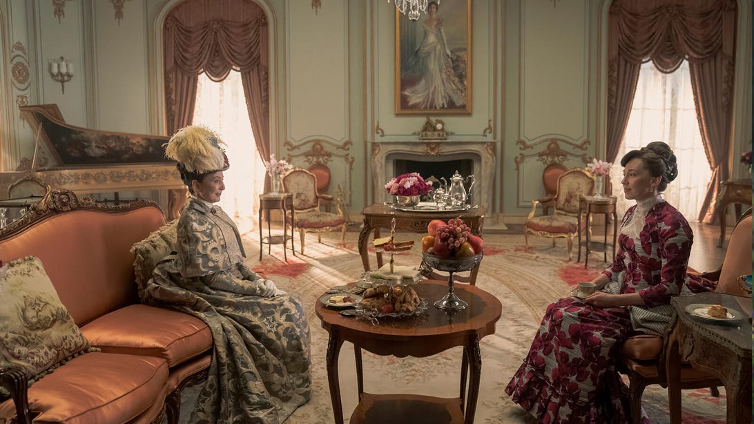 Still photo of two women in an ornate drawing room from the HBO series The Gilded Age
