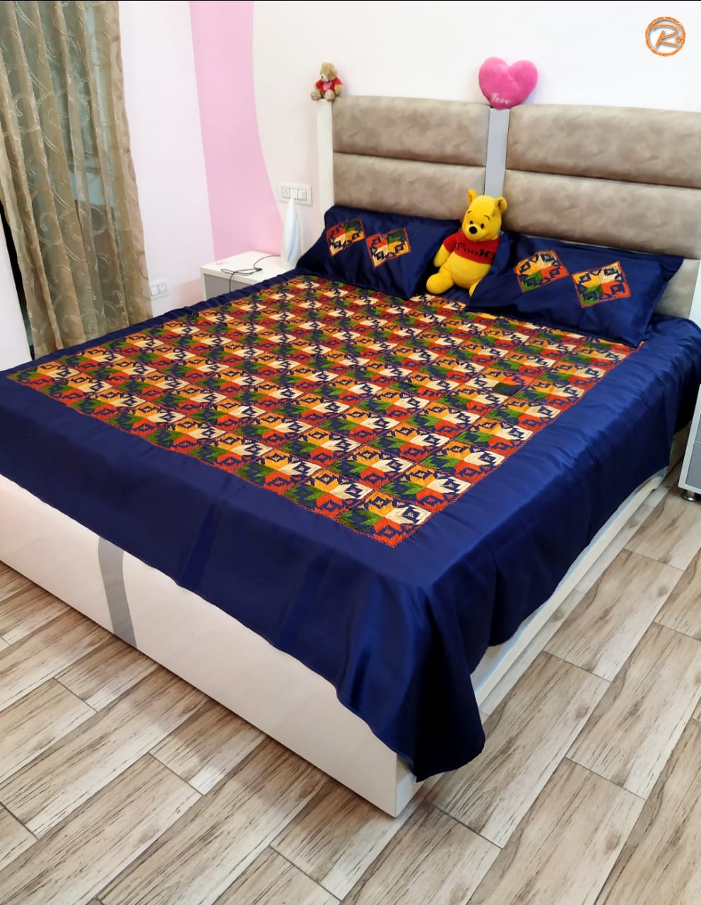 Royal Blue Color Handmade Phulkari Bedsheet
