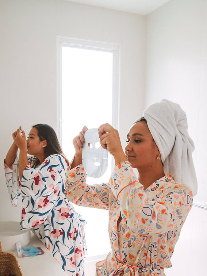 Robe Therapy Printed Patterns self care at home with face masks in the bathroom with towels- Mobile