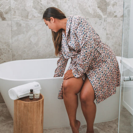 Getting ready for bath in Bia Short Robe PAstel Leopard