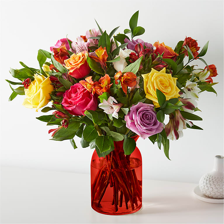 Smiles & Sunshine Bouquet with Red Vase