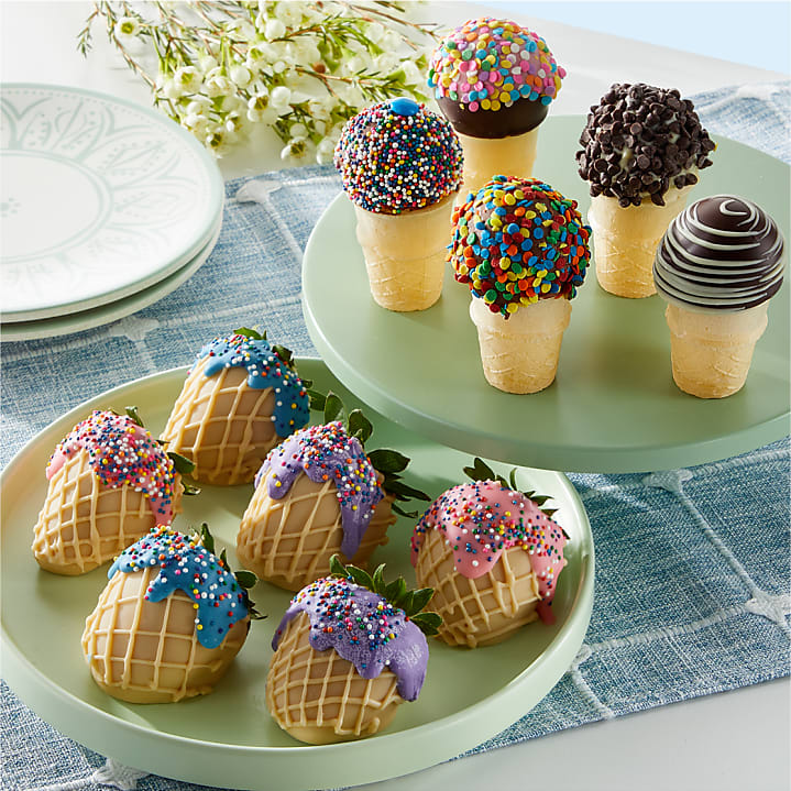 product image for Belgian Chocolate Covered Strawberries and Ice Cream Cone Cake Pops Combo