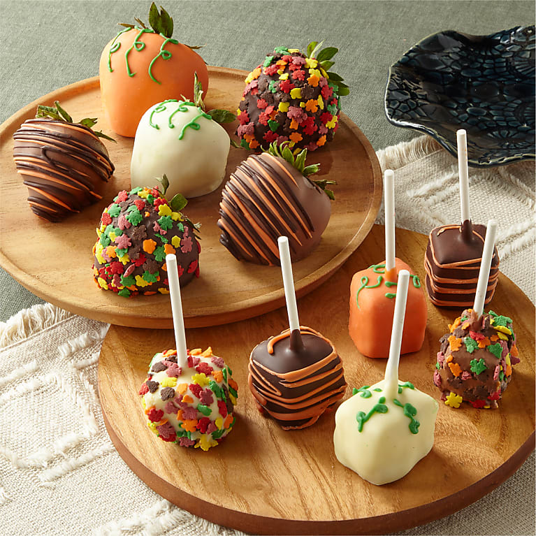 Chocolate Covered Fall Strawberries and Cheesecake Pops