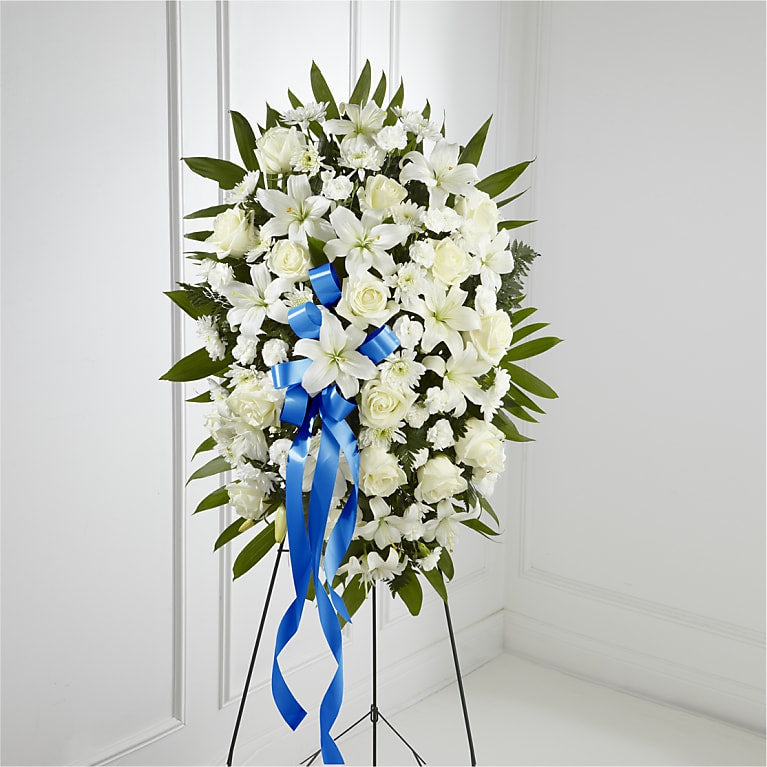 Exquisite Tribute Standing Spray-Blue Ribbon