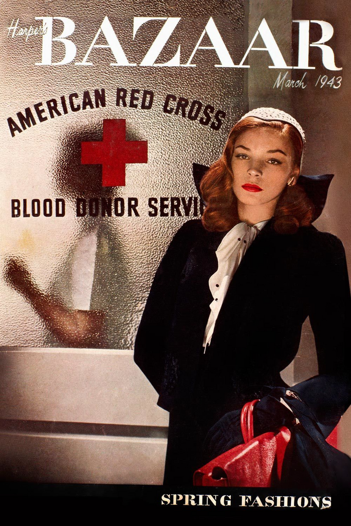 Lauren Bacall on the cover of 1943 issue of Harpers Bazaar wearing a dark coat