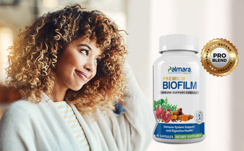 A smiling woman looking at a bottle of "Premium Biofilm Immune Support Complex" supplements, indicating the product's use as a biofilm disruptor to boost the immune system.