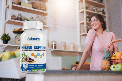 A happy woman with a basket of fresh produce in a kitchen setting with a bottle of "Premium Immune Support" supplements on the counter, indicating a healthy lifestyle for immune system maintenance.