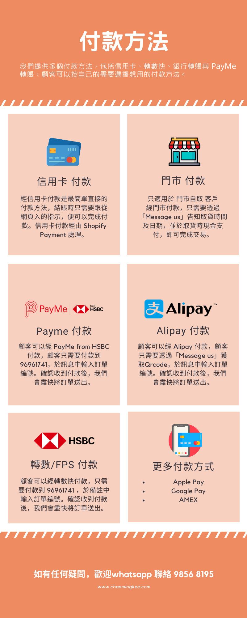 付款方式；支付；payme；支付寶；現金