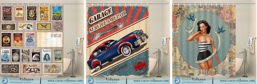 rideau de douche vintage salle de bain retro old school pin up voiture de collection