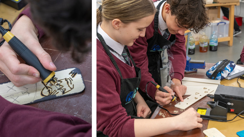 Students decorate their lamps using pyrography pens.