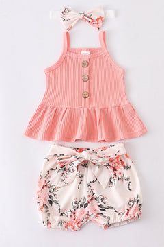 Pink floral 3 pcs shorts set