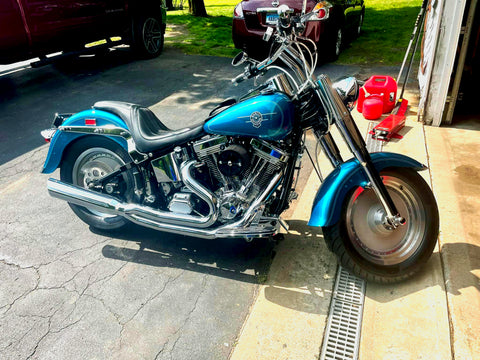 Harley davidson Fat Boy Custom Motorcycle Seat Alcantara blue stitch