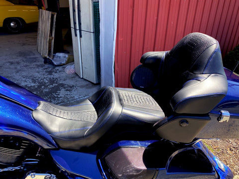 Customized Harley Street Glide Bagger custom seat blue stitch