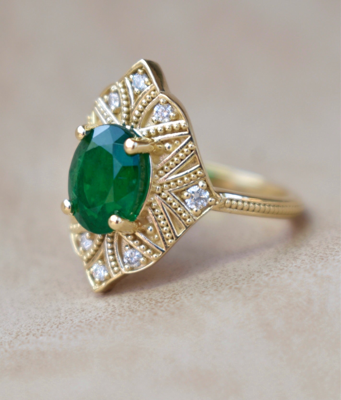 Art Deco Emerald Engagement Ring With Diamonds 14K Yellow Gold ...