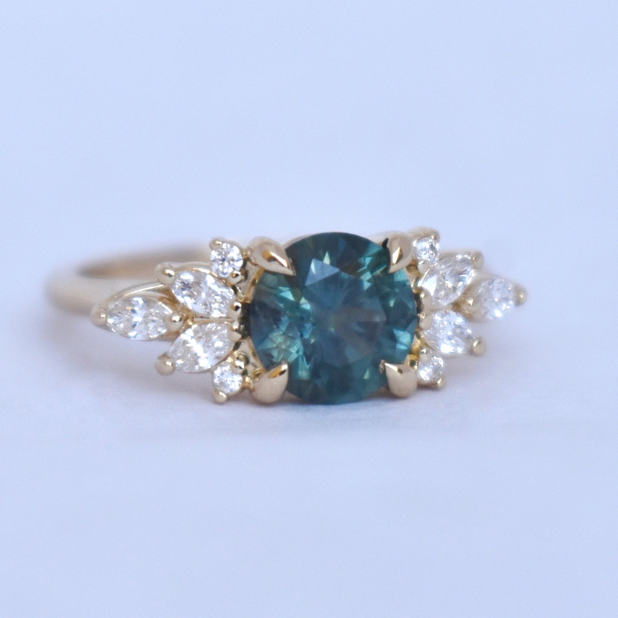 Round Teal Sapphire and Marquise Diamond Engagement Ring Nature Inspir ...