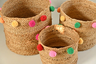 Handicraft Jute Multicolor Pom Pom Set of 3 Multi-Purpose Basket Nav Image 2