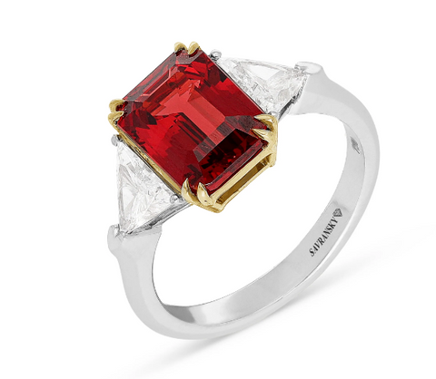 Emerald Cut Red Spinel Gemstone Engagement Ring with Side Stones