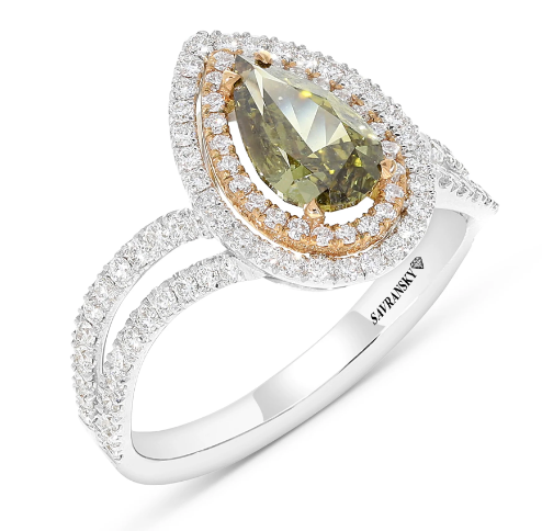Pear Cut Chameleon Diamond Ring Two Tone Double Halo with a Split Shank
