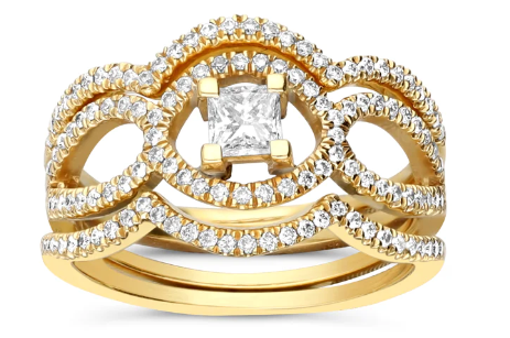 Yellow Gold Triple Ring Set Stacked Diamond Ring Bands