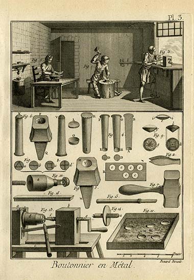 Antique print titled Boutonnier Faiseur de Moules de Boutons. Extract from the Diderot/d'Alembert Encyclopedia, dated ca. 1779.